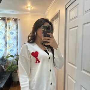 Ami White Cardigan with Red Heart